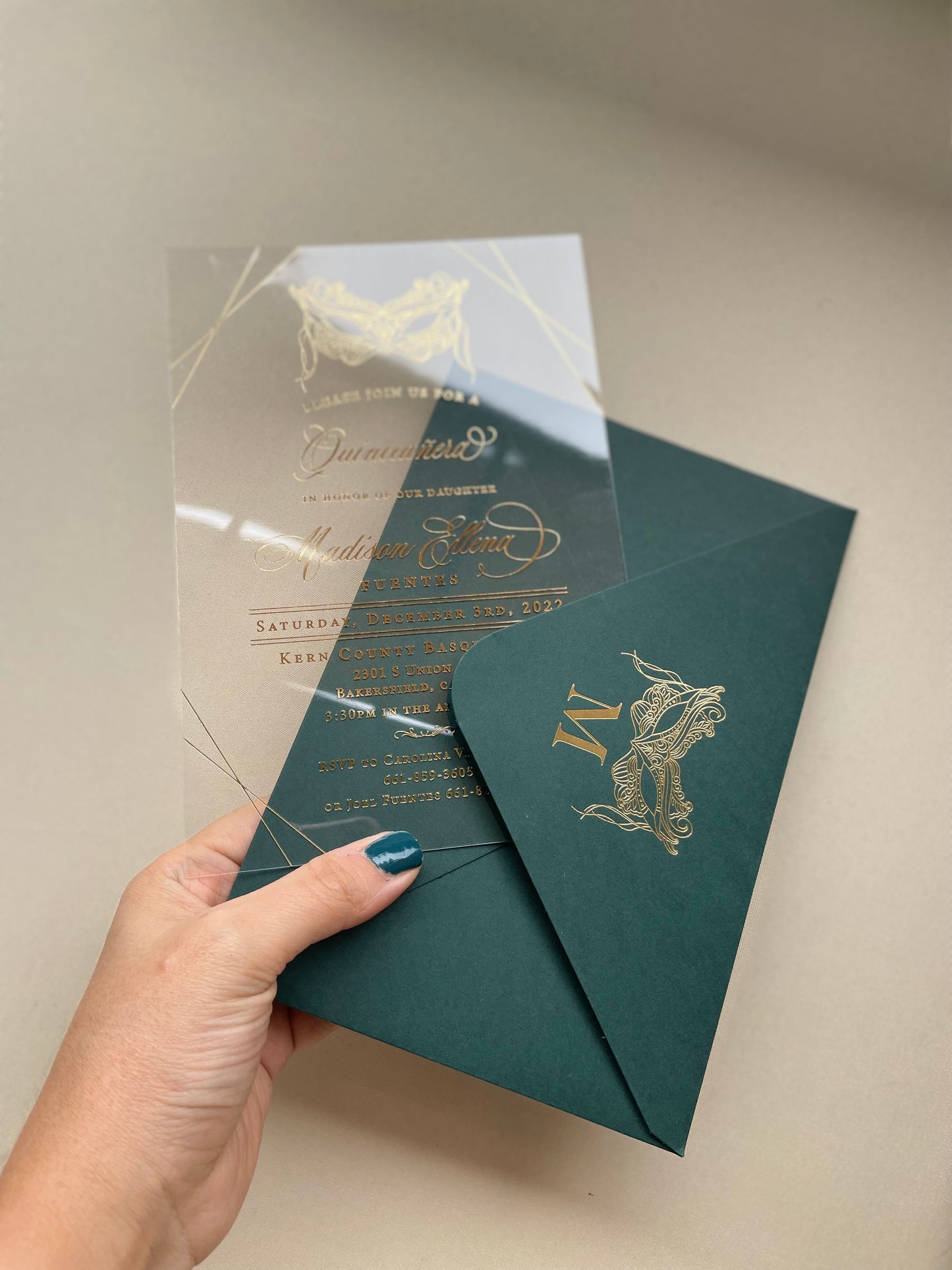 Quinceanera invitation gold foil