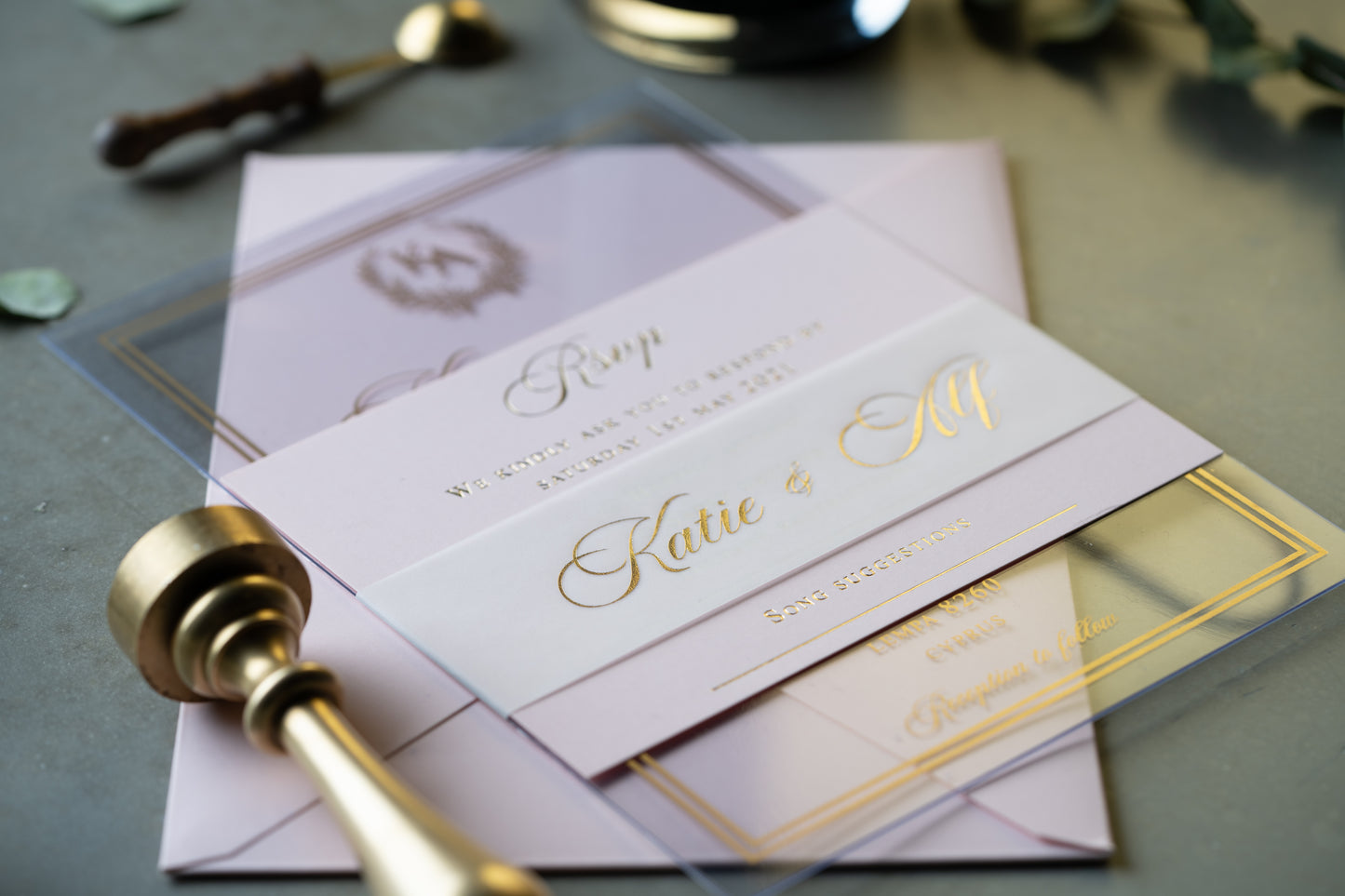 Clear invitation gold foil printed